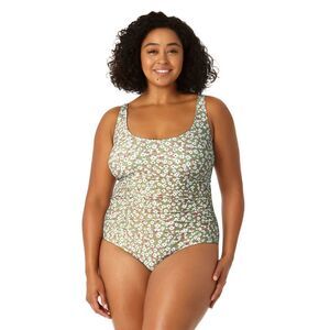 Anne Cole Swimsuit Women's 24W Green Floral Stretch Scoop Neck One Piece ERK1077